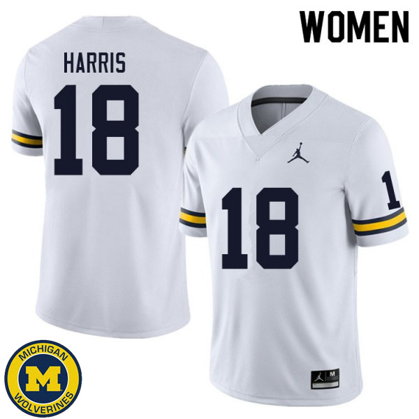 Women's University of Michigan #18 Keshaun Harris White Embroidery Jersey